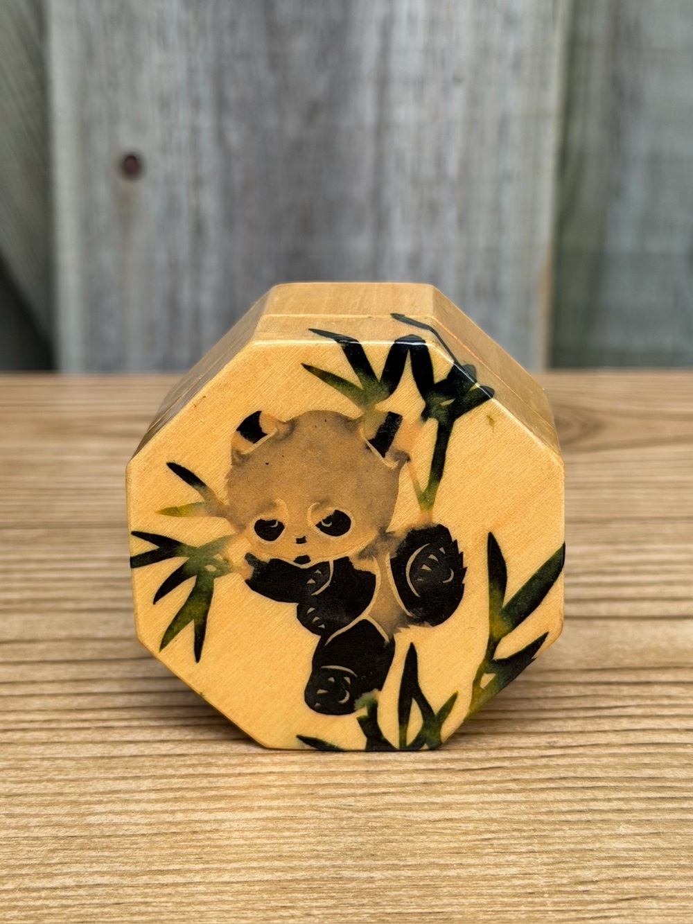 Vintage Wooden Panda Bamboo Trinket Box Container Lacquered With Fabric Lining